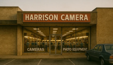 Storefront of Harrison Camera shop displaying cameras and photo equipment in window display.