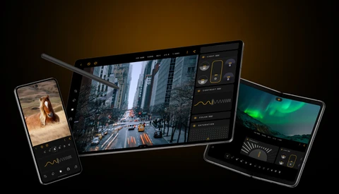 Screenshot of photo editing software displayed across three devices showing street photography, landscape, and wildlife images with adjustment panels.