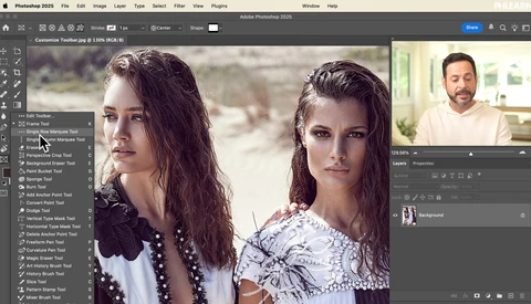 Screenshot of Photoshop 2025 with portrait editing interface showing two women with styled hair and makeup.