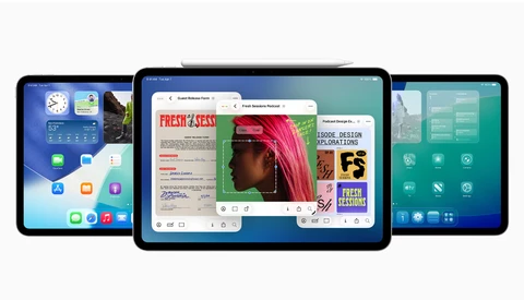 Screenshot showing three iPad displays with various apps and design interfaces open.