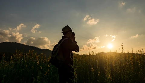 Silhouetted figure standing in a tall crop field at golden hour with mountains and dramatic sky in background.