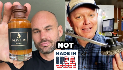 Two men comparing a bottle of Oliveum hot sauce, with text stating it is not made in the USA.