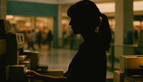 Silhouetted woman using an ATM machine in a public corridor with blurred figures in background.