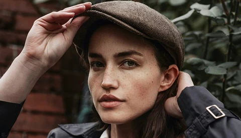 Young woman in a tan flat cap and dark jacket touching the brim of her hat while looking toward the camera.