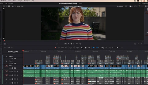 Screenshot of video editing software showing a portrait clip with color-graded timeline below.