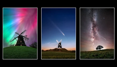 Triptych of traditional windmills photographed under dramatic night skies with celestial phenomena.
