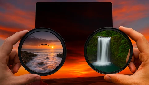 Hands holding two circular optical lenses displaying different landscape scenes against a sunset sky backdrop.