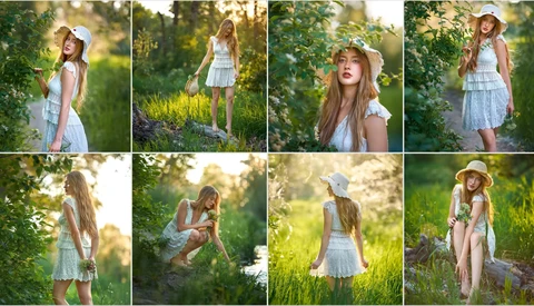 Grid of eight portraits showing a young girl in white dress and straw hat posing among green foliage and natural outdoor settings.