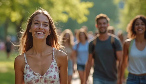 Woman in floral top smiling at camera with blurred group of people in background outdoors.