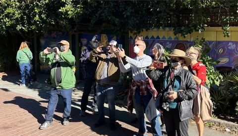 Group of photographers and visitors gathered outdoors during a sunny day, many holding cameras and phones to capture the scene.