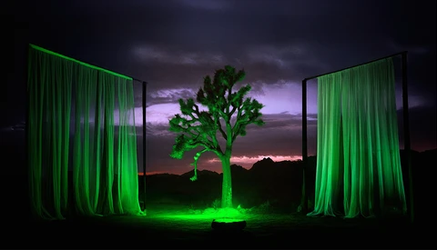 Illuminated tree silhouette framed by glowing green curtains against a dramatic sunset sky.