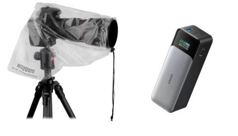 Camera rain cover on tripod and portable power bank side by side.