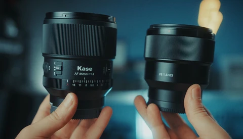 Two camera lenses held in hands against a blue-toned background, showing Kase and Sony branding.