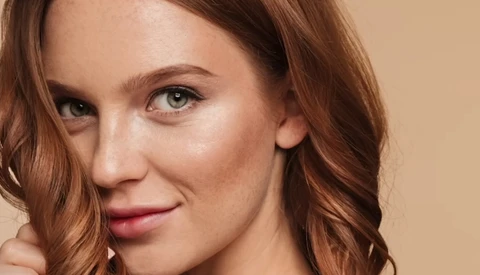 Woman with wavy auburn hair and green eyes against a warm beige background.