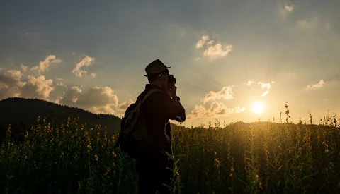Silhouetted figure in a cornfield at golden hour with backlit clouds and sun.