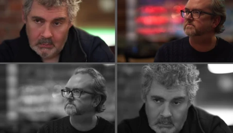 Four portrait photographs arranged in a grid showing men with grey hair in dark clothing against blurred backgrounds.