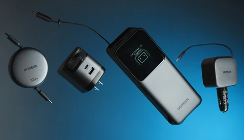 Collection of four portable charging devices and adapters arranged on a blue gradient background.