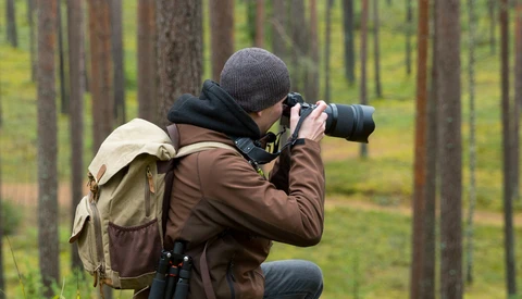 Photographer in forest wearing backpack, crouching to compose shot with telephoto lens.