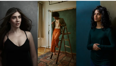 Three portrait studies showing different lighting setups and background colors with varied poses and clothing.