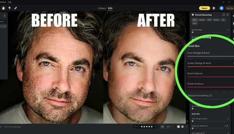 Screenshot of portrait retouching software showing before and after comparison of male headshot with skin smoothing adjustments applied.