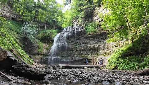 Cascading waterfall flowing over layered rock formations in a lush forested gorge.