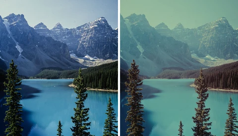Alpine lake with turquoise water flanked by coniferous trees and snow-capped mountains, shown in natural and color-corrected versions.