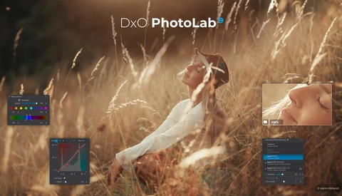DxO PhotoLab interface overlay on a portrait of a woman in a wheat field during golden hour.