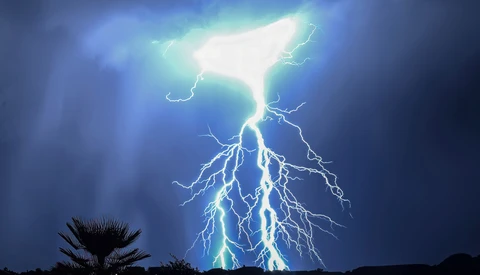 Massive lightning bolt striking downward from a bright cloud against a dark stormy sky, with a palm tree silhouetted in the foreground.