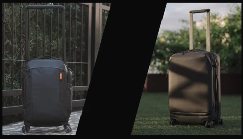 Side-by-side comparison of two rolling luggage suitcases in different settings and lighting conditions.