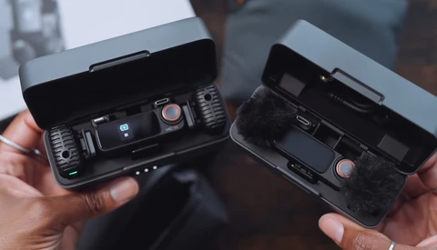 Two drone remote controllers held open side-by-side, displaying their internal components and control layouts.