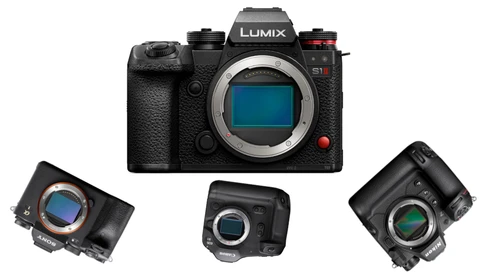 Panasonic Lumix S1 mirrorless camera with interchangeable lens mounts displayed.