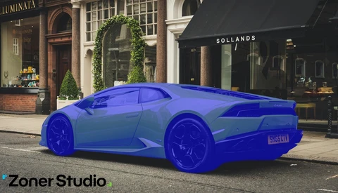 Bright blue luxury sports car parked on a street in front of upscale storefronts with ivy-covered entrance.