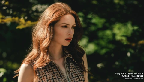 Woman with reddish-brown wavy hair looking to the side outdoors with blurred green foliage background.