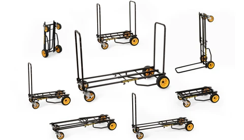 Collection of folding hand trucks and dollies in various sizes arranged on a white background.