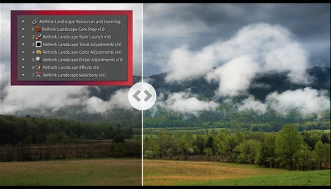 Screenshot of landscape editing software menu overlaid on a scenic photograph of fields and mountains.