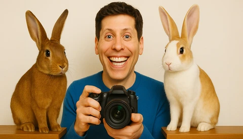 Enthusiastic photographer in blue shirt holds camera between two brown and white rabbits.