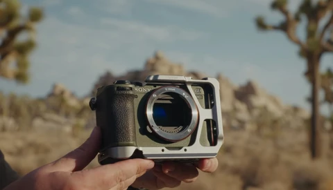 Mirrorless camera body held in hand against desert landscape with Joshua trees.