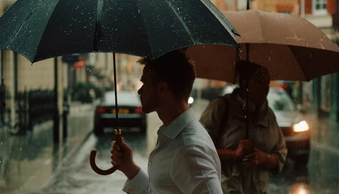 Man holding a dark umbrella in heavy rain on an urban street at dusk.
