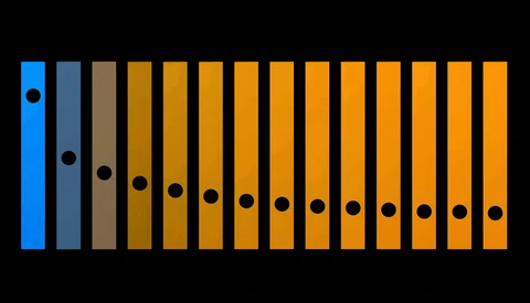 Illustration of 14 vertical bars with holes representing an aperture scale or f-stop sequence.