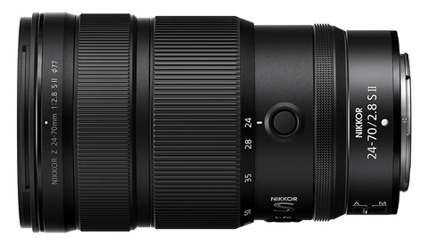Nikon Z 24-70mm f/2.8 S II telephoto lens shown in profile view against white background.