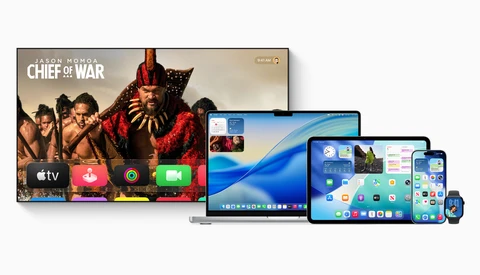 Screenshot showing Apple TV interface with streaming apps displayed on a television, alongside MacBook, iPad, and iPhone devices.