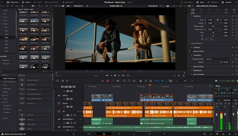Screenshot of video editing software showing a scene with two people on a rooftop and a timeline with color-coded audio and video tracks.