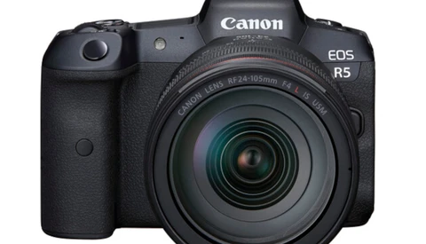Canon EOS R5 mirrorless camera with RF 24-105mm f/4L IS USM lens attached, displayed against a white background.