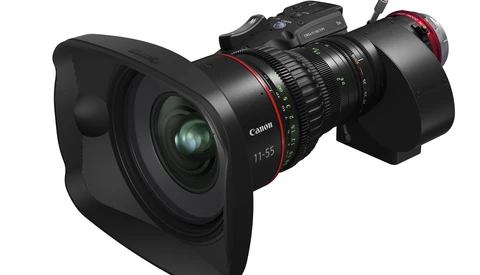 Canon cinema lens with square lens hood and follow focus system attached.