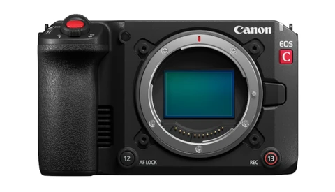 Canon EOS R5C mirrorless camera body shown from front with sensor visible through open mirror box.