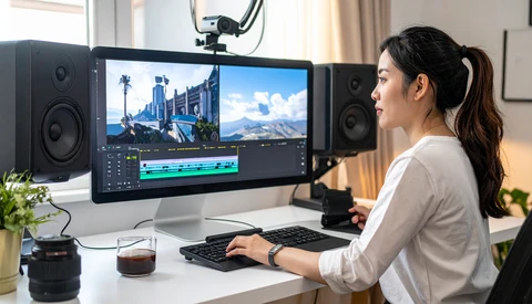 Video editor working at a desktop setup with color-graded footage displayed on a monitor.