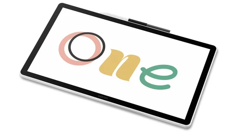 Illustration of the word 'one' displayed on a tablet screen with colorful geometric letterforms.