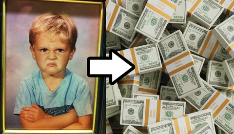 Composite image contrasting a young child's portrait photograph with stacks of U.S. currency.