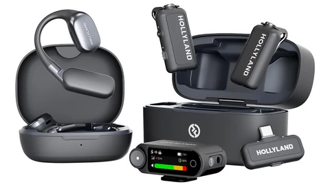 Wireless audio equipment displayed with charging case, earbuds, and battery monitor showing charge levels.