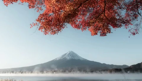 Mount Fuji framed by red autumn maple leaves with morning mist rising from a lake below.